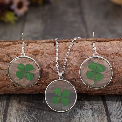 Lucky Clover Alloy Acrylic Earrings and Necklace Jewelry Set