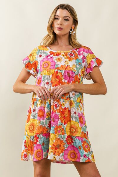 BiBi Floral Short Sleeve Tiered Dress