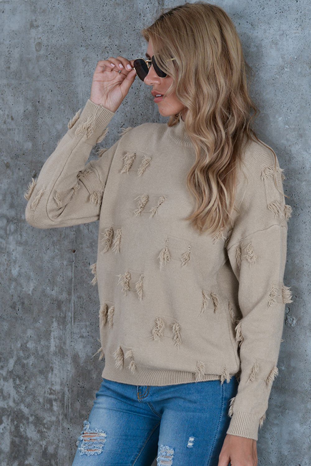 Pullover mit Rollkragen und ausgefranstem Besatz