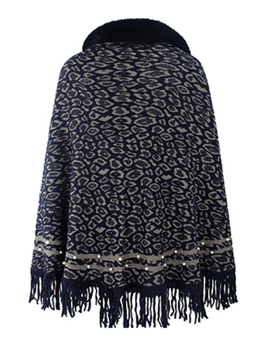 Poncho mit Leopardenmuster und Fransensaum