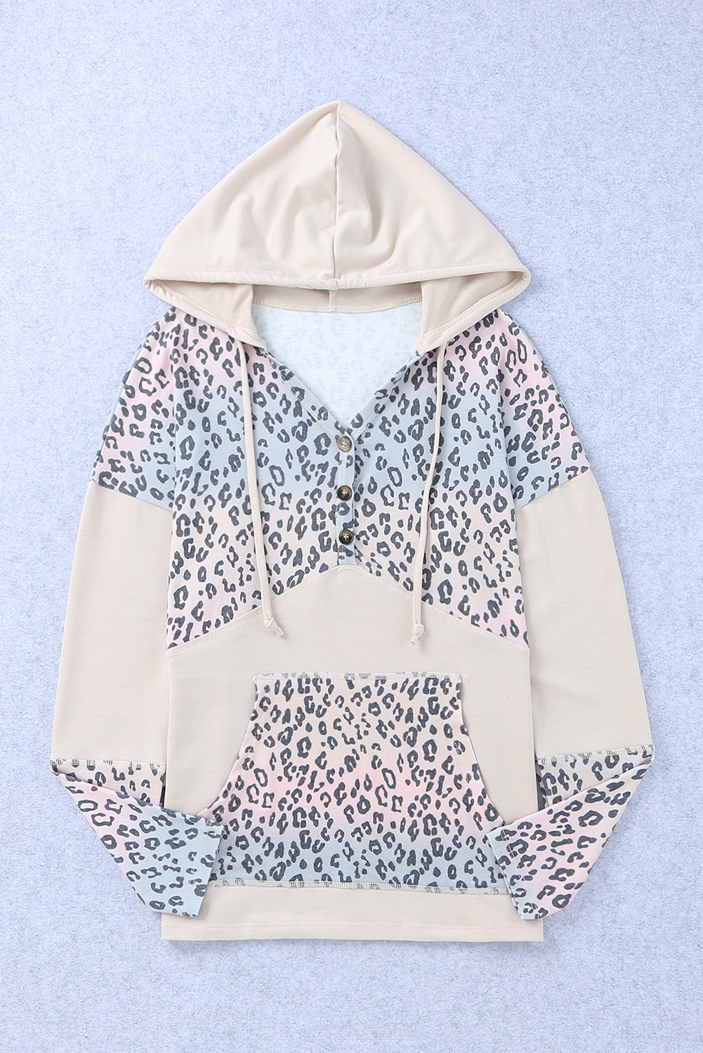 Hoodie mit Leopardenmuster, Farbblockdesign und Knopfleiste sowie Kordelzug