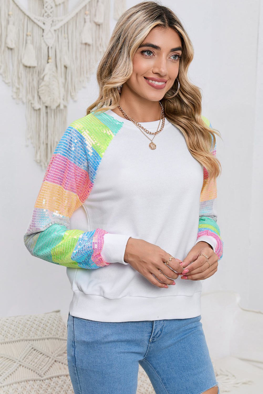 Sweatshirt mit Rundhalsausschnitt, Farbblock und Glitzerärmeln