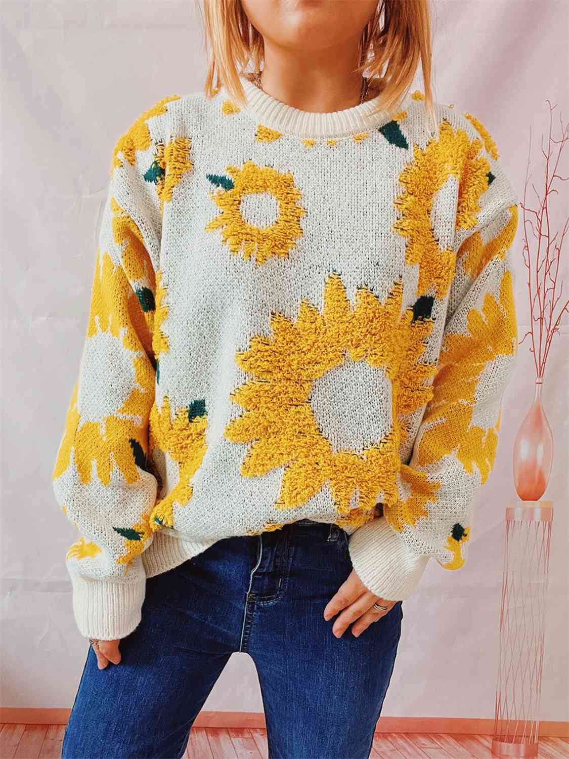 Pullover mit Sonnenblumen-Print und langen Ärmeln