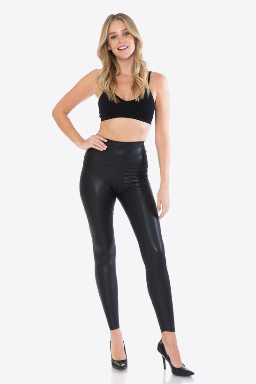 Leggings Depot Full Size PU Leather Wide Waistband Leggings in Black