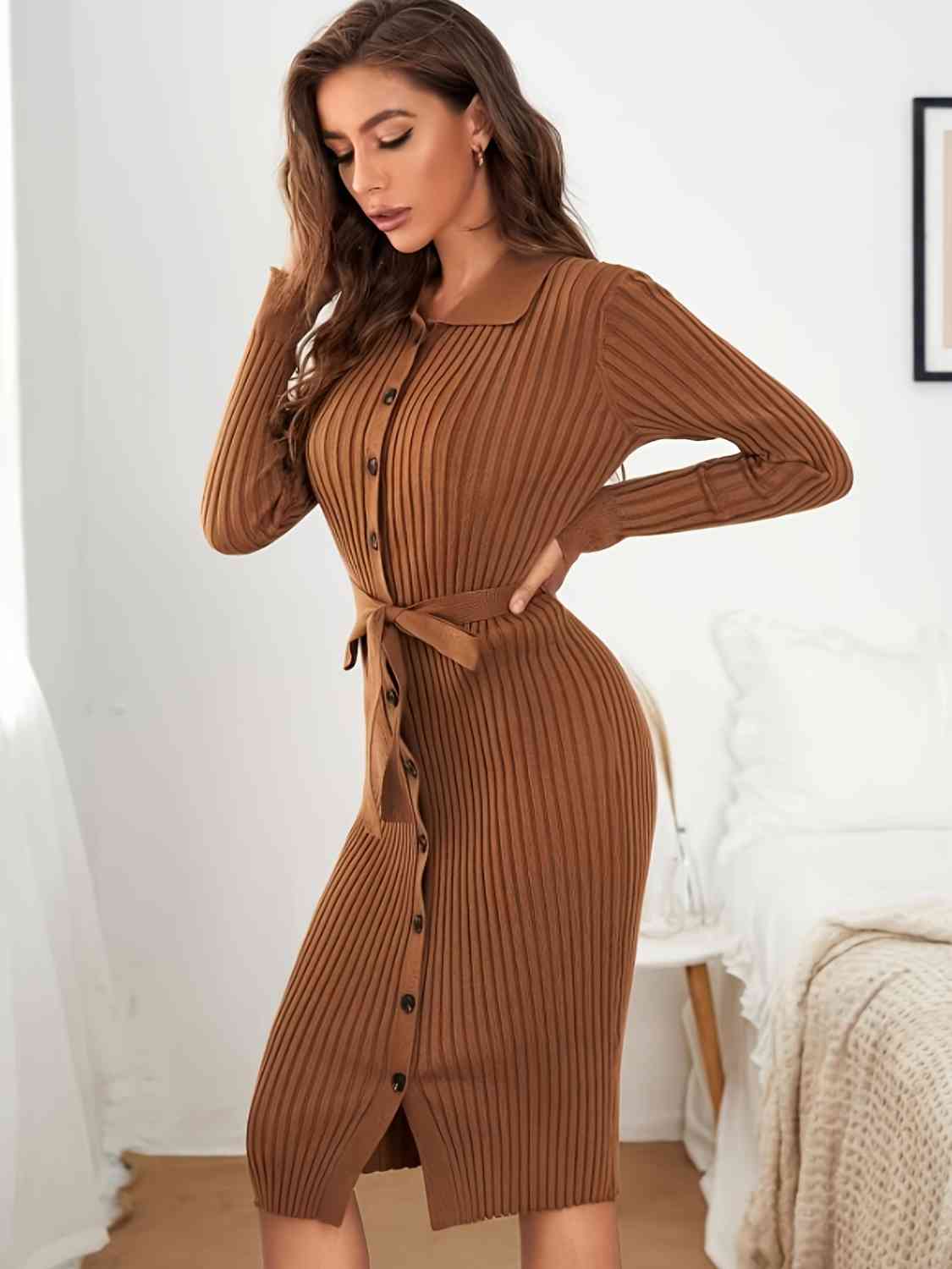 Collared Neck Button Up Ribbed Sweater Dress