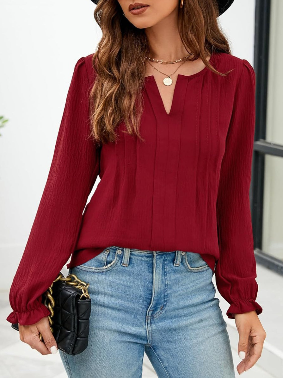 Notched Flounce Sleeve Blouse