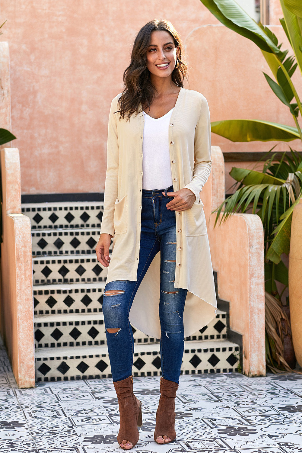 V-Neck Long Sleeve Cardigan with Pocket