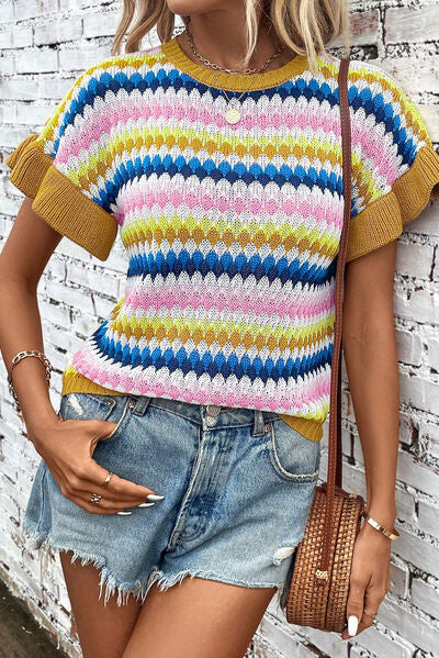 Striped Round Neck Short Sleeve Sweater