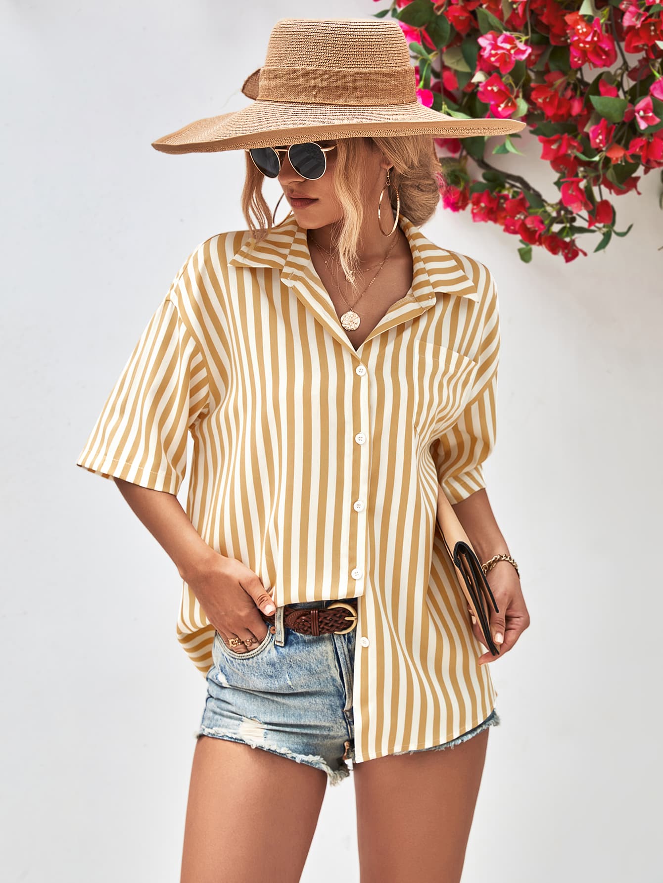 Striped Dropped Shoulder Half Sleeve Shirt