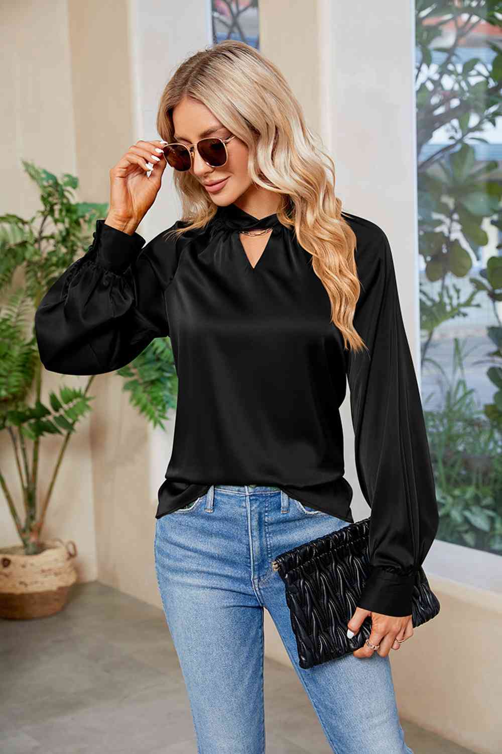 Cutout Mock Neck Long Sleeve Top