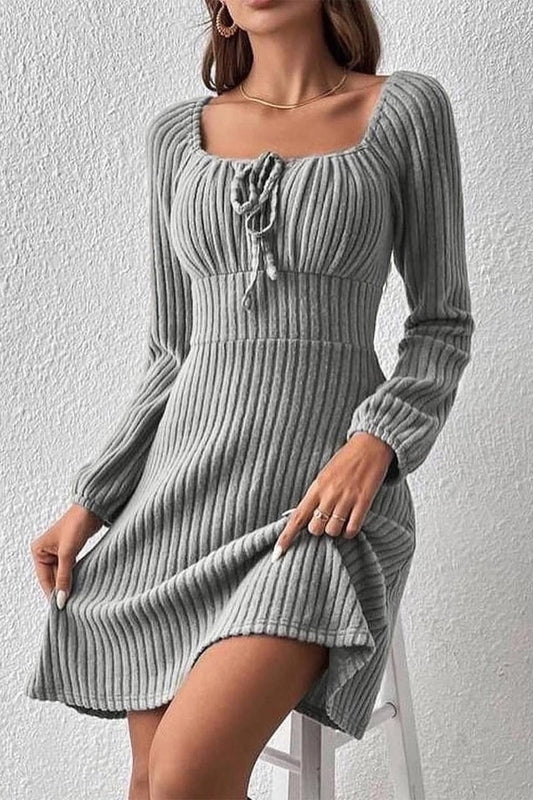 Ribbed Tied Square Neck Long Sleeve Mini Dress