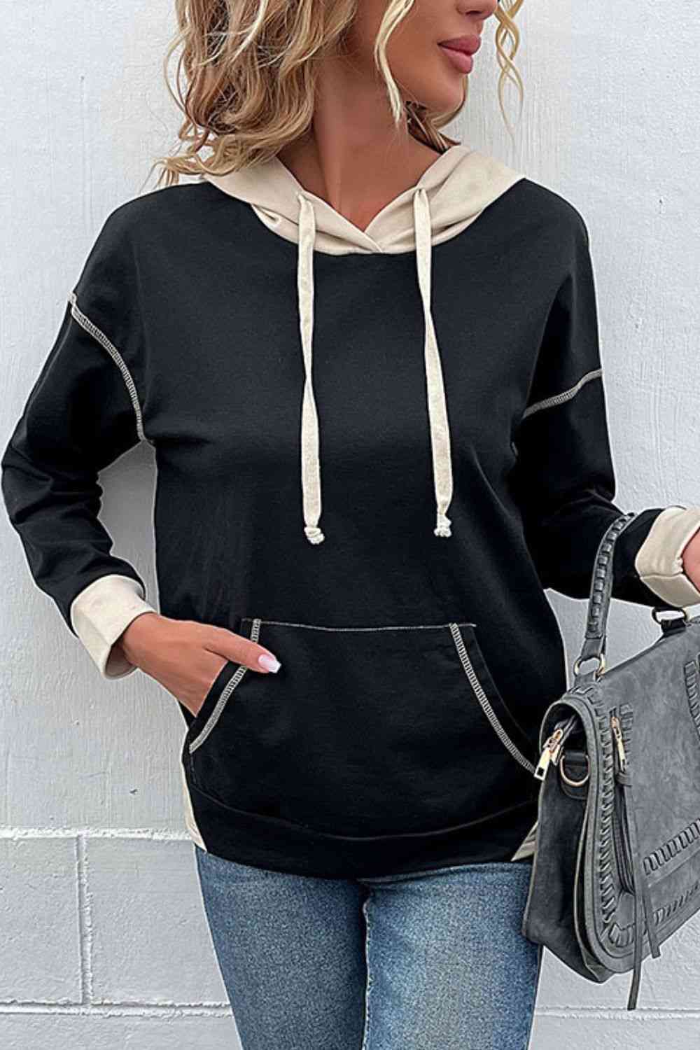 Contrast Drawstring Detail Drop Shoulder Hoodie