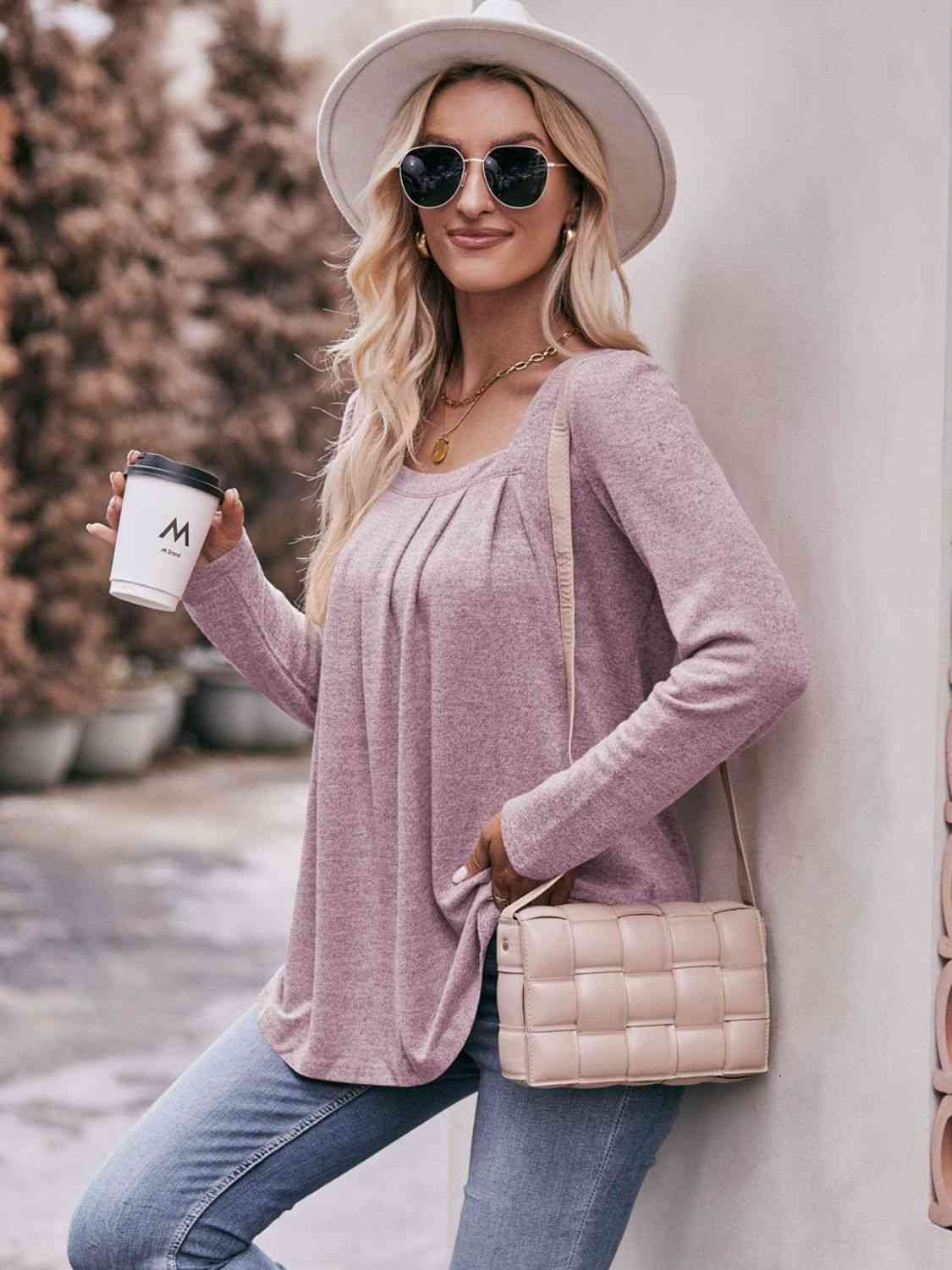 Double Take Pleated Detail Curved Hem Long Sleeve Top