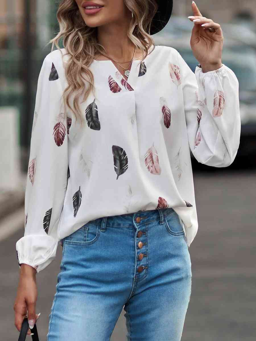 Printed Notched Neck Long Sleeve Blouse