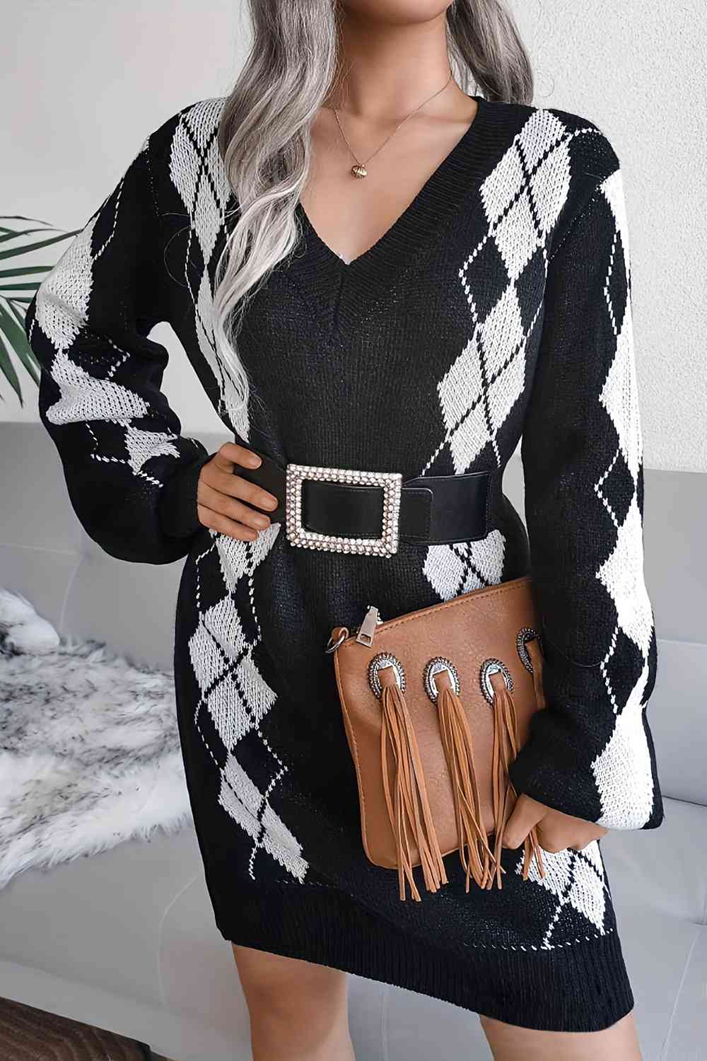 Geometric V-Neck Long Sleeve Sweater Dress