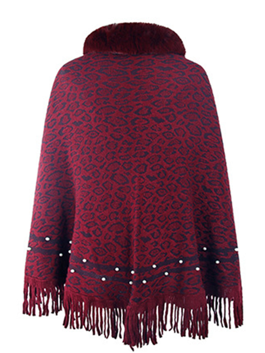 Poncho mit Leopardenmuster und Fransensaum