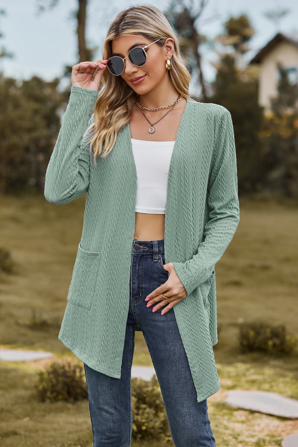 Cable-Knit Long Sleeve Cardigan with Pocket