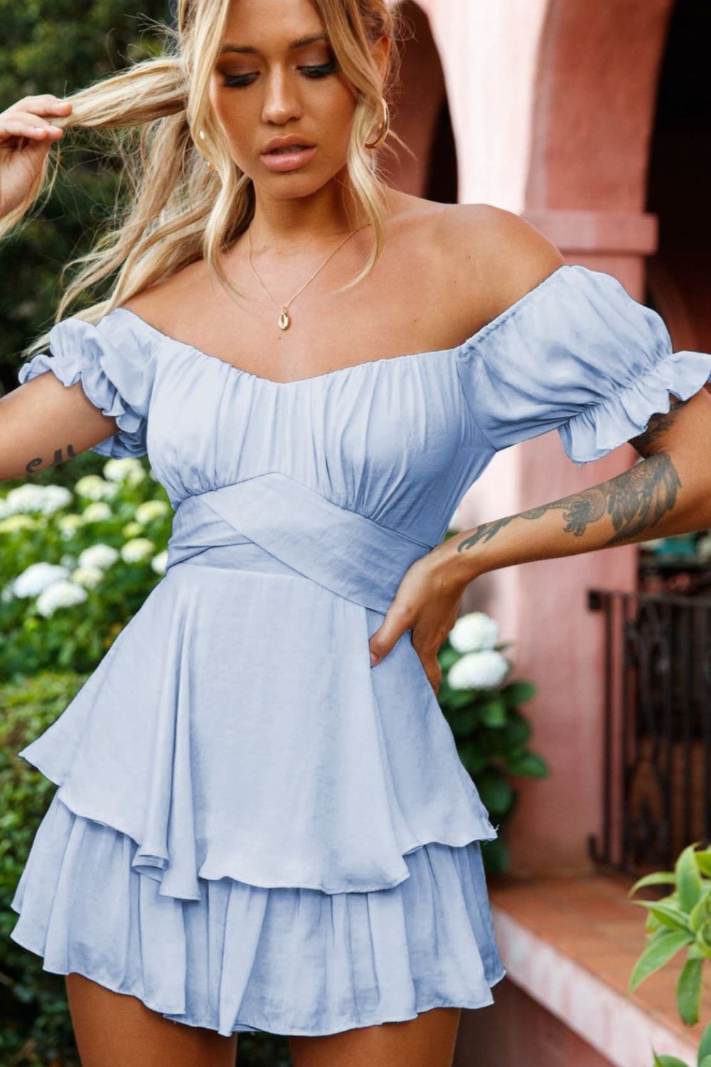 Off Shoulder Flounce Sleeve Mini Dress