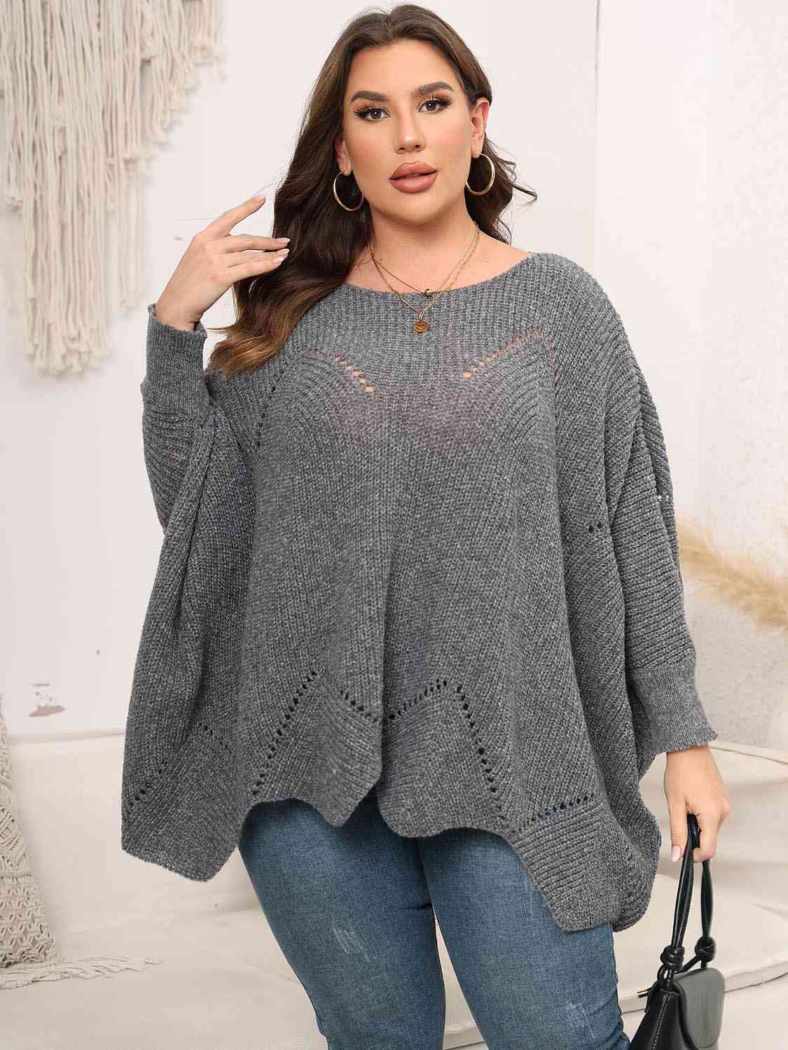 Plus Size Round Neck Batwing Sleeve Sweater