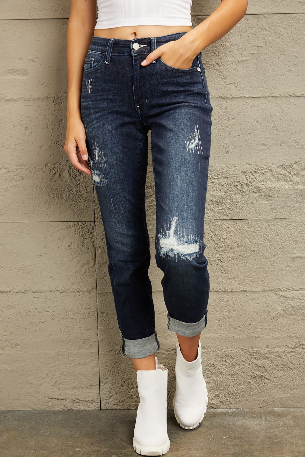 Judy Blue Full Size Mid Rise Distressed Cuffed Boyfriend Jeans