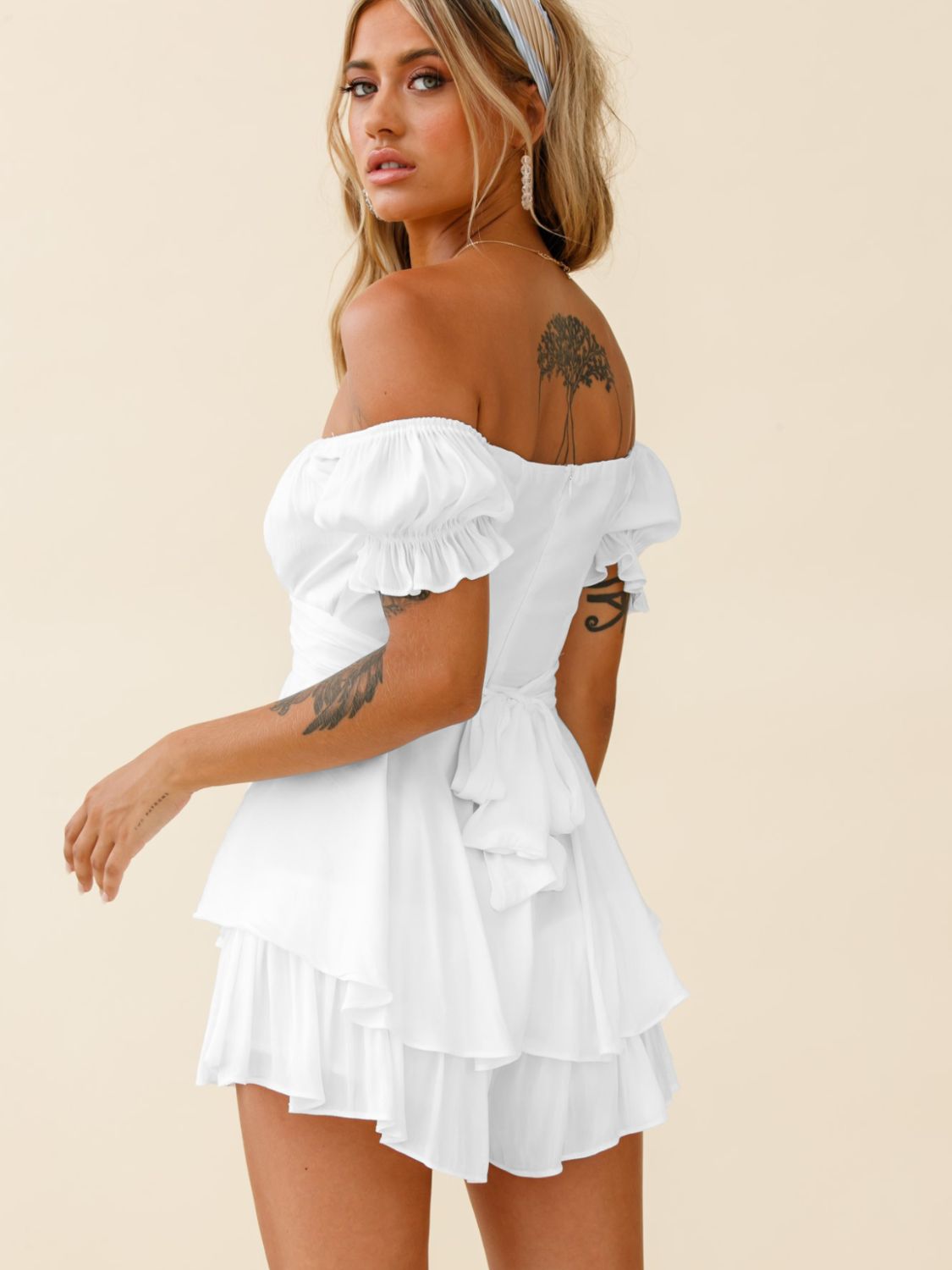 Off Shoulder Flounce Sleeve Mini Dress