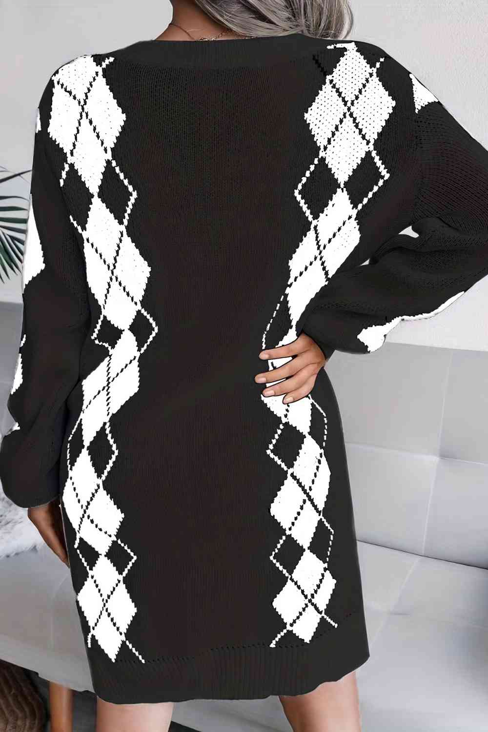 Geometric V-Neck Long Sleeve Sweater Dress