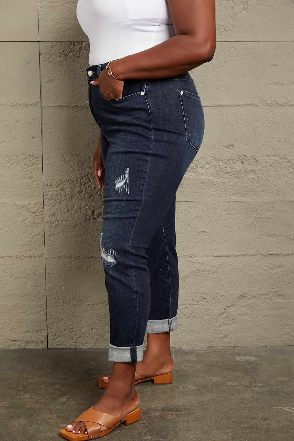 Judy Blue Full Size Mid Rise Distressed Cuffed Boyfriend Jeans