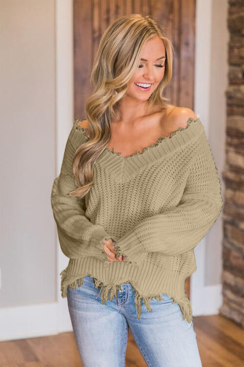 Frayed Hem Dropped Shoulder Sweater