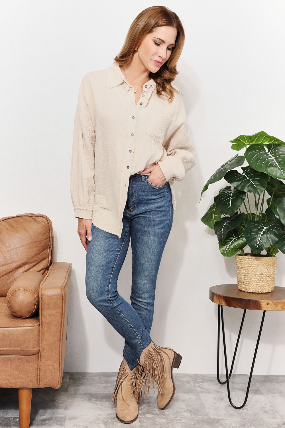 Zenana Take A Break Gauze Raw Edge Button-Up Shirt