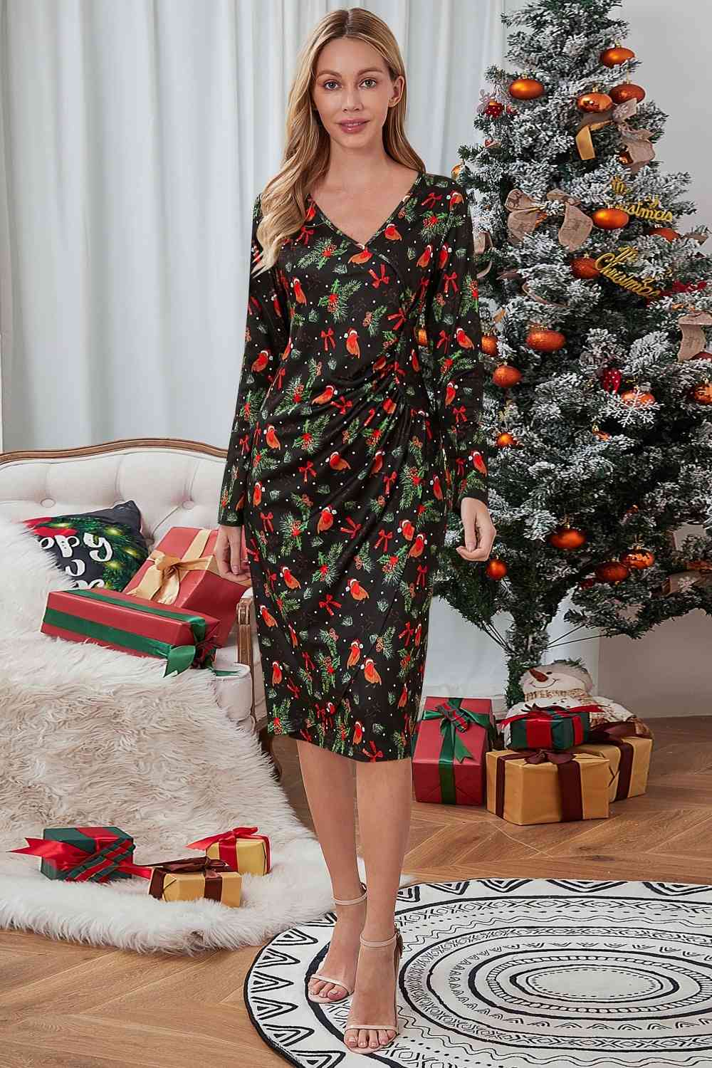 Langärmliges Kleid mit Weihnachtselement-Print