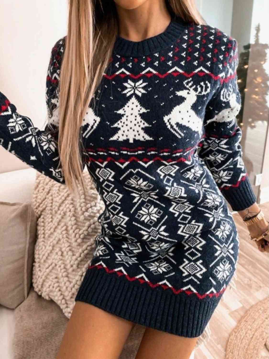 Reindeer & Snowflake Round Neck Sweater Dress