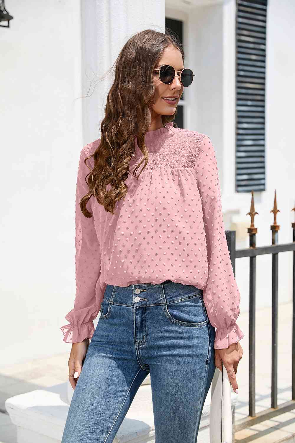 Smocked Mock Neck Swiss Dot Top