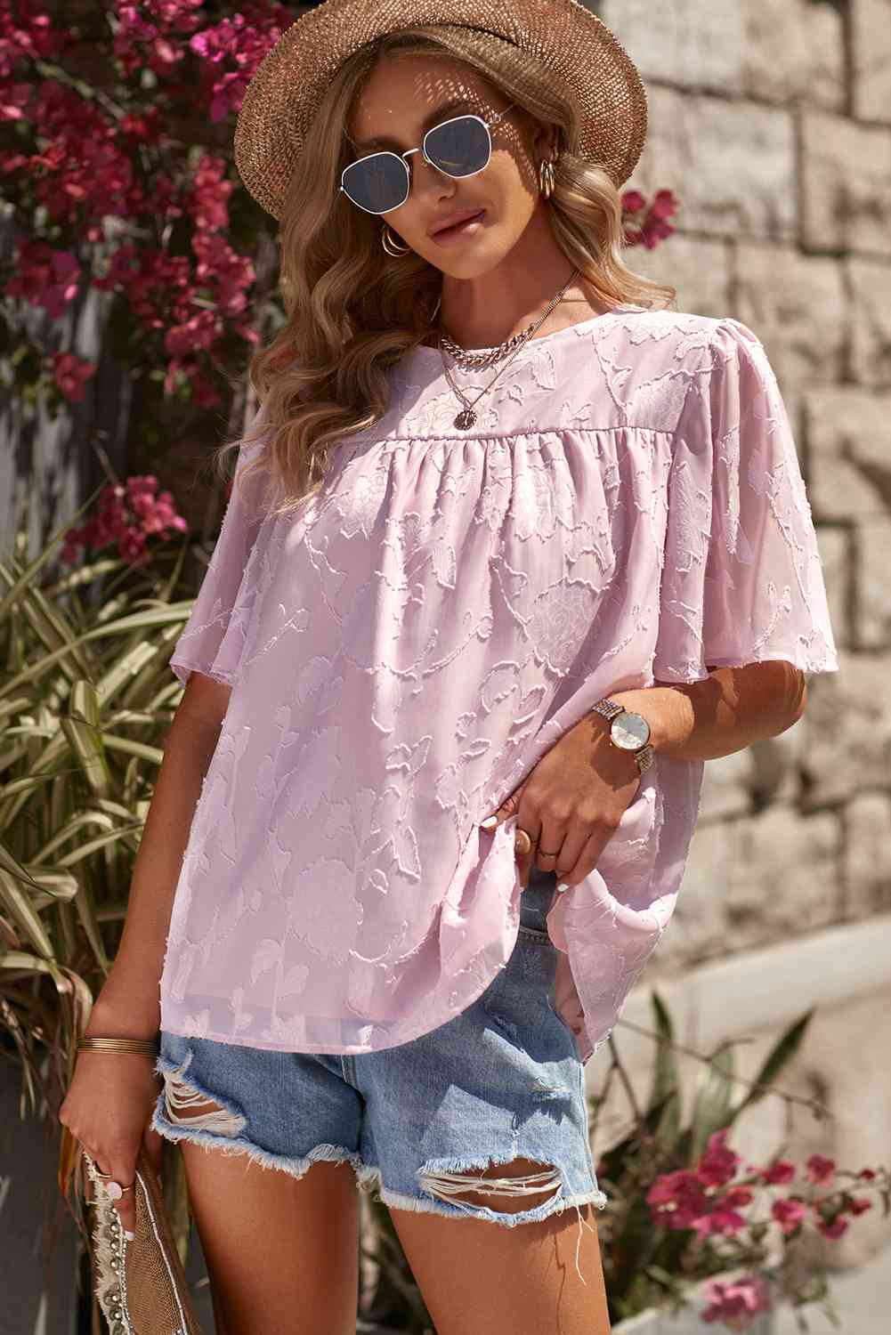 Bluse mit Rundhalsausschnitt und Puffärmeln