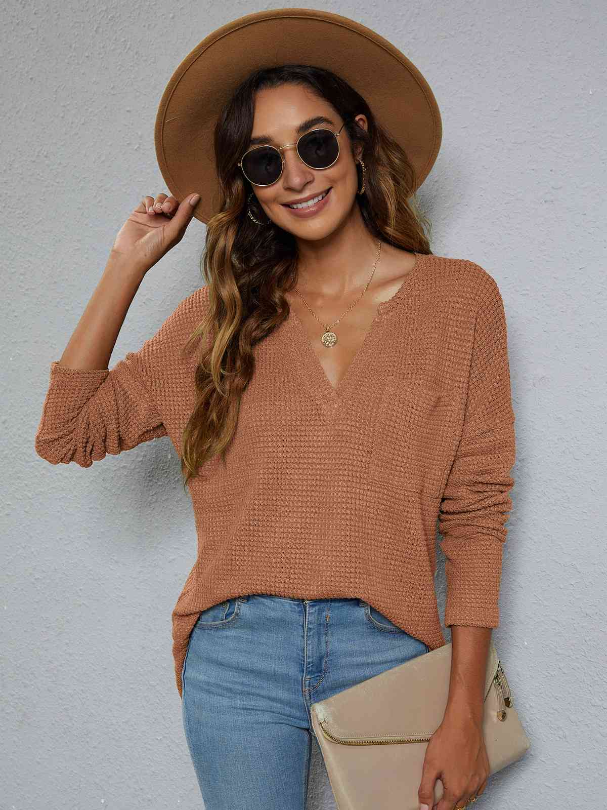 Dropped Shoulder High-Low Waffle-Knit Top