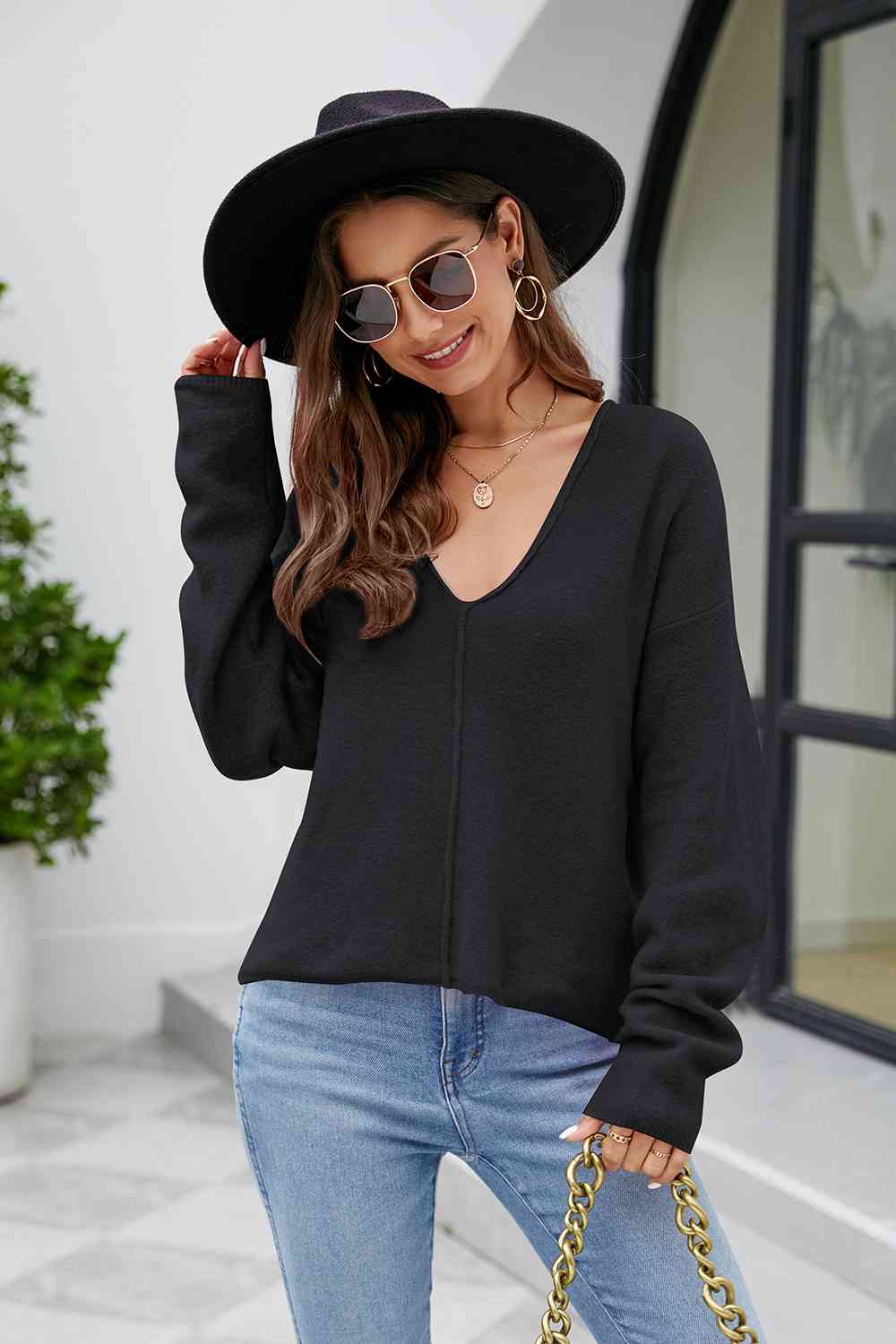 V-Neck Drop Shoulder Long Sleeve Knit Top