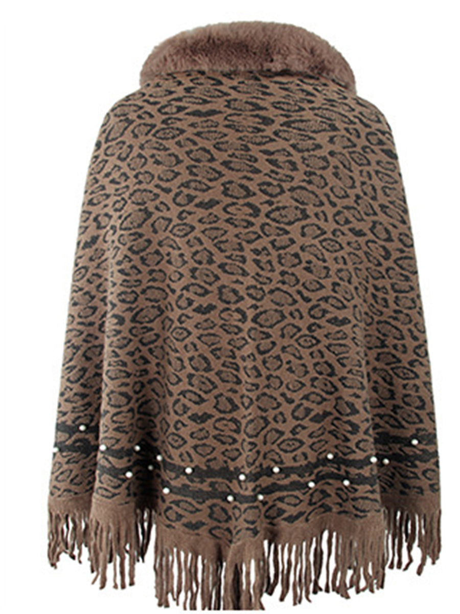 Poncho mit Leopardenmuster und Fransensaum