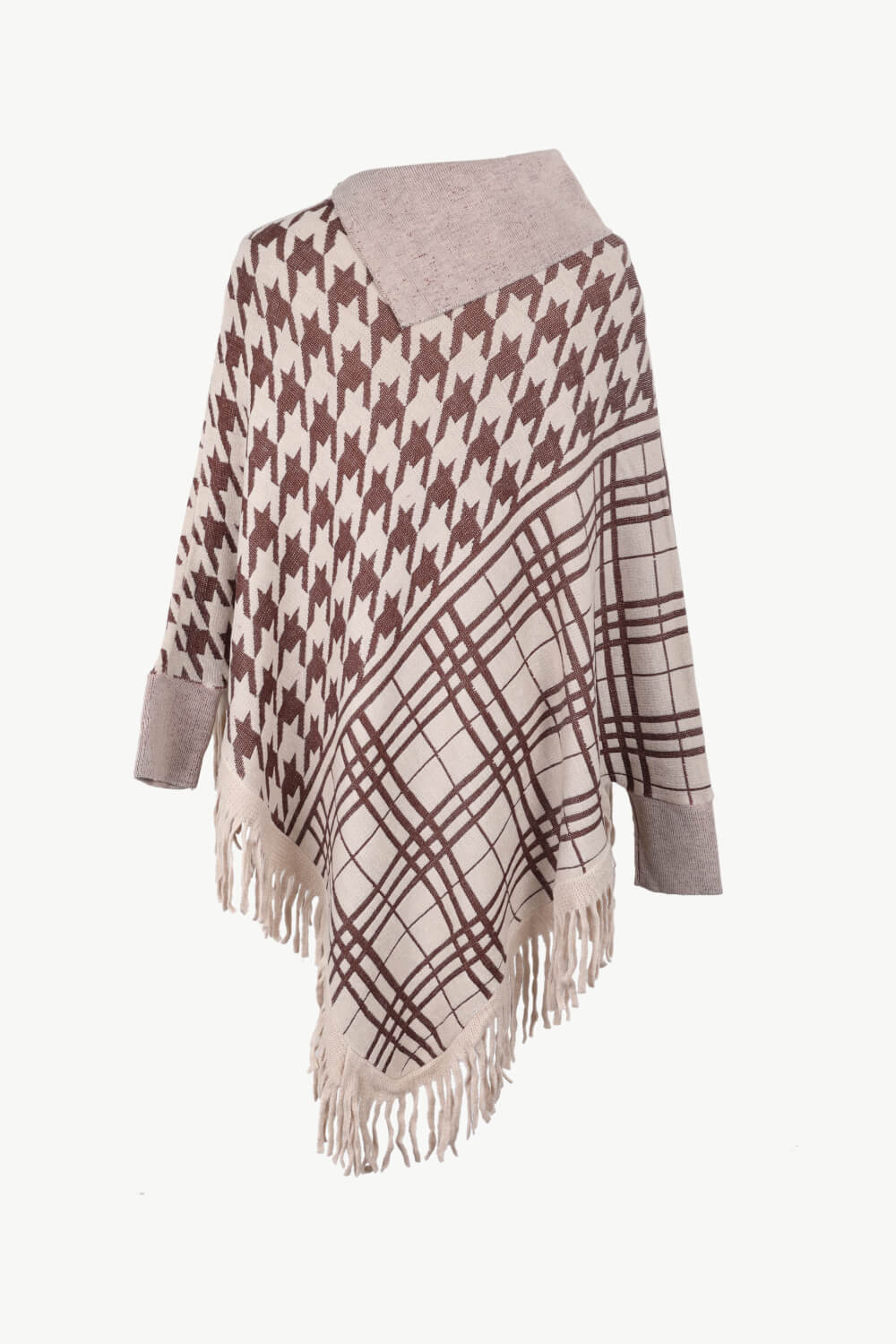 Houndstooth Turtleneck Fringe Hem Poncho