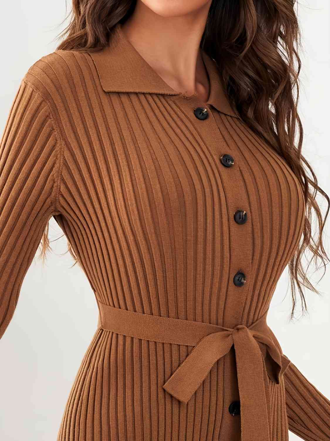 Collared Neck Button Up Ribbed Sweater Dress