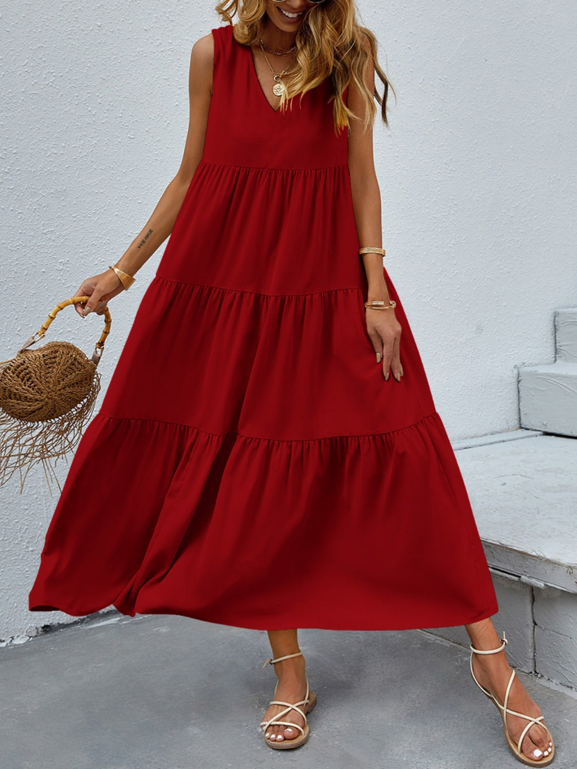 Tiered V-Neck Sleeve Dress