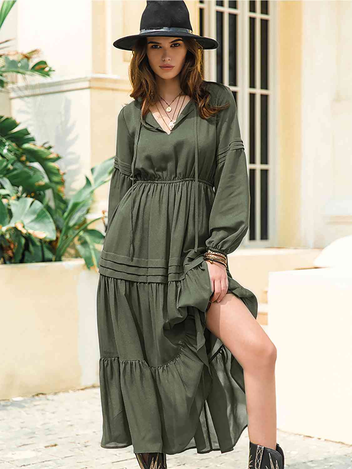 Tie Neck Balloon Sleeve Tiered Dress