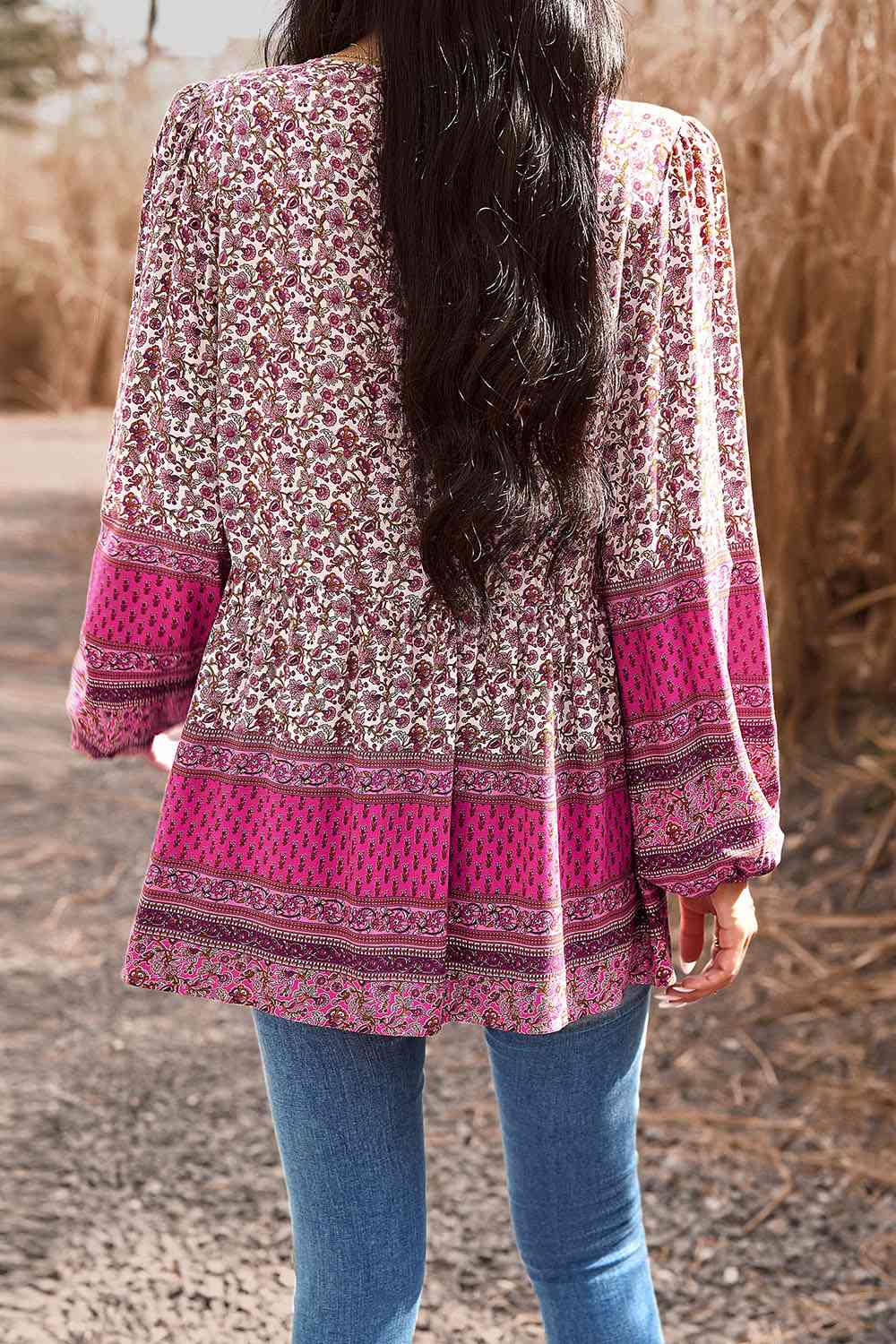 Tassel Tie Long Sleeve Peplum Blouse