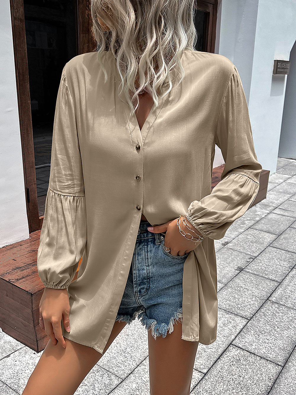 Double Take Notched Neck Balloon Sleeve Shirt