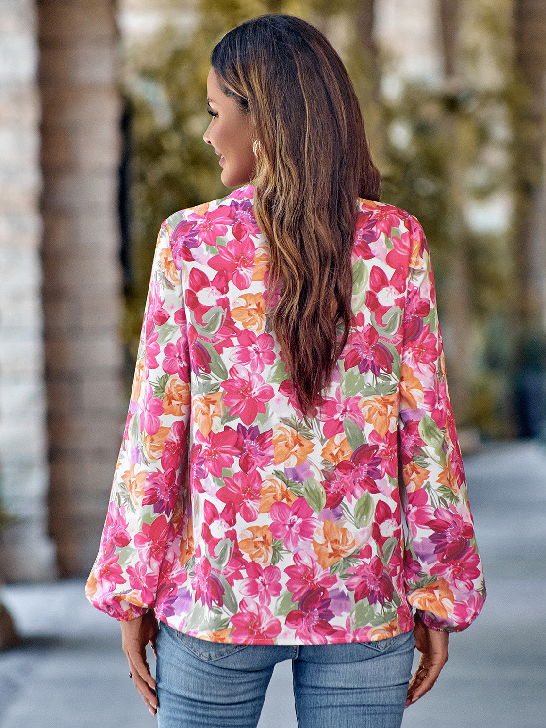 Notched Neck Printed Long Sleeve Shirt