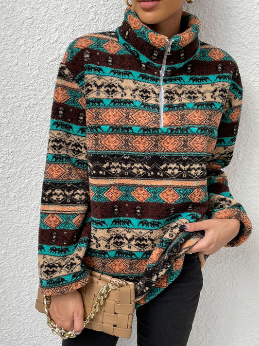 Bedruckter Langarmpullover mit Viertelreißverschluss