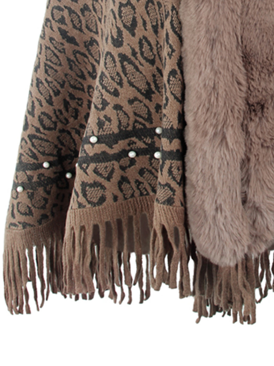 Poncho mit Leopardenmuster und Fransensaum