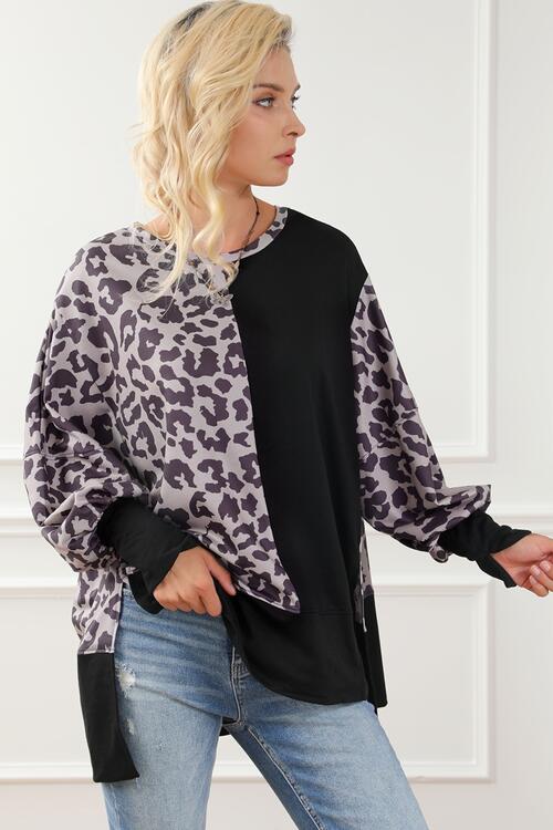 Leopard Round Neck Lantern Sleeve Slit Sweatshirt