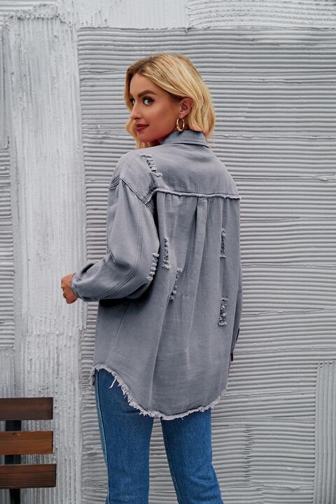 Jeansjacke mit Used-Look und offenem Saum