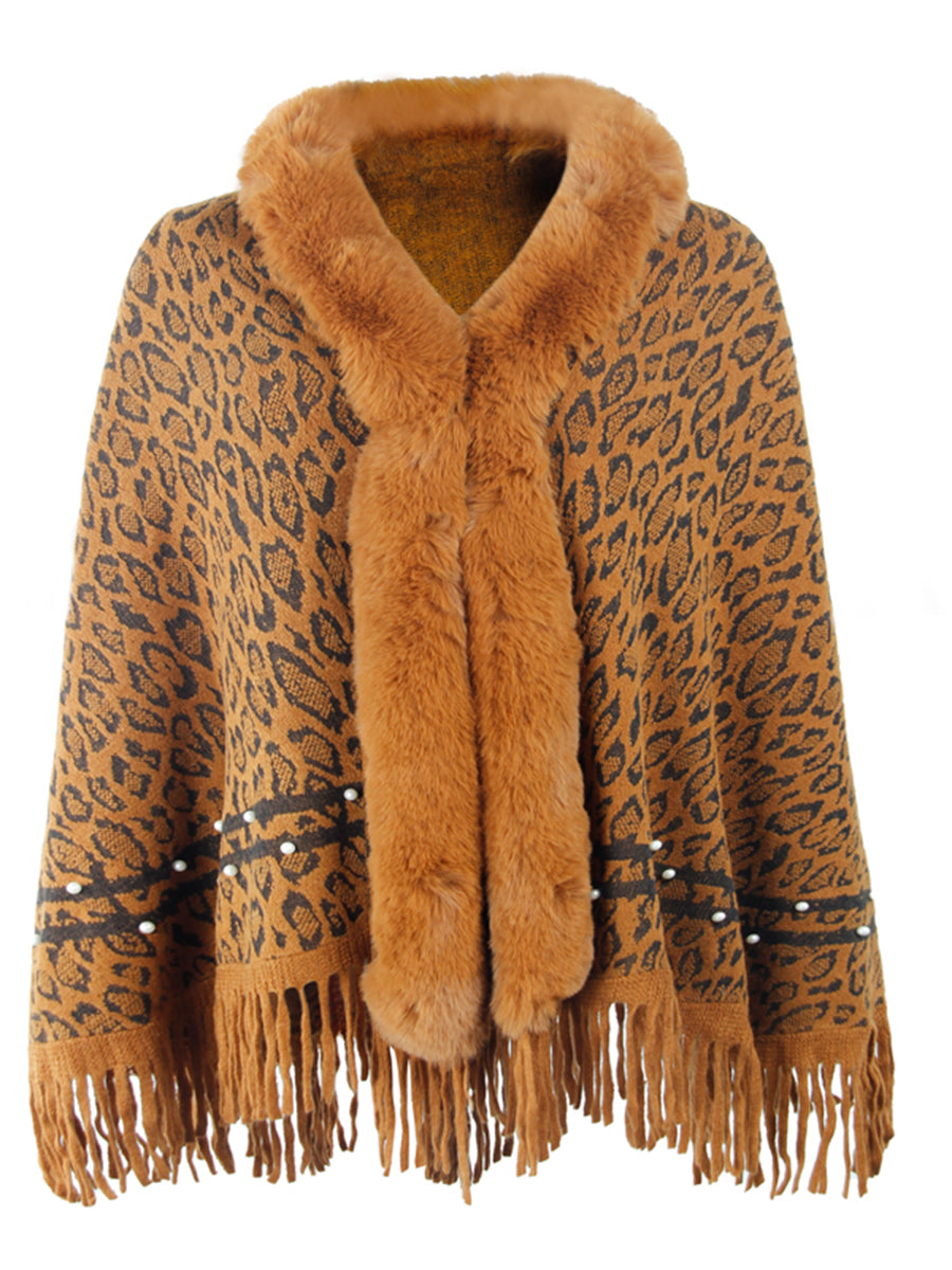 Poncho mit Leopardenmuster und Fransensaum