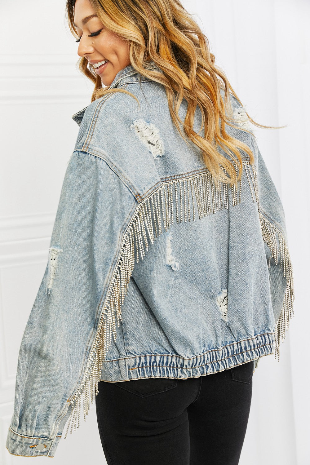 POL Time To Shine Twill Denim Fringe Jacket