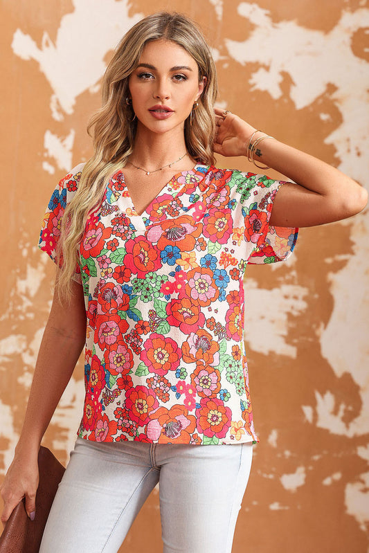 Printed Notched Short Sleeve Blouse